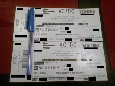 2 bolis bic y regalo 2 entradas concierto AC/DC 2 de Junio Palco VIP